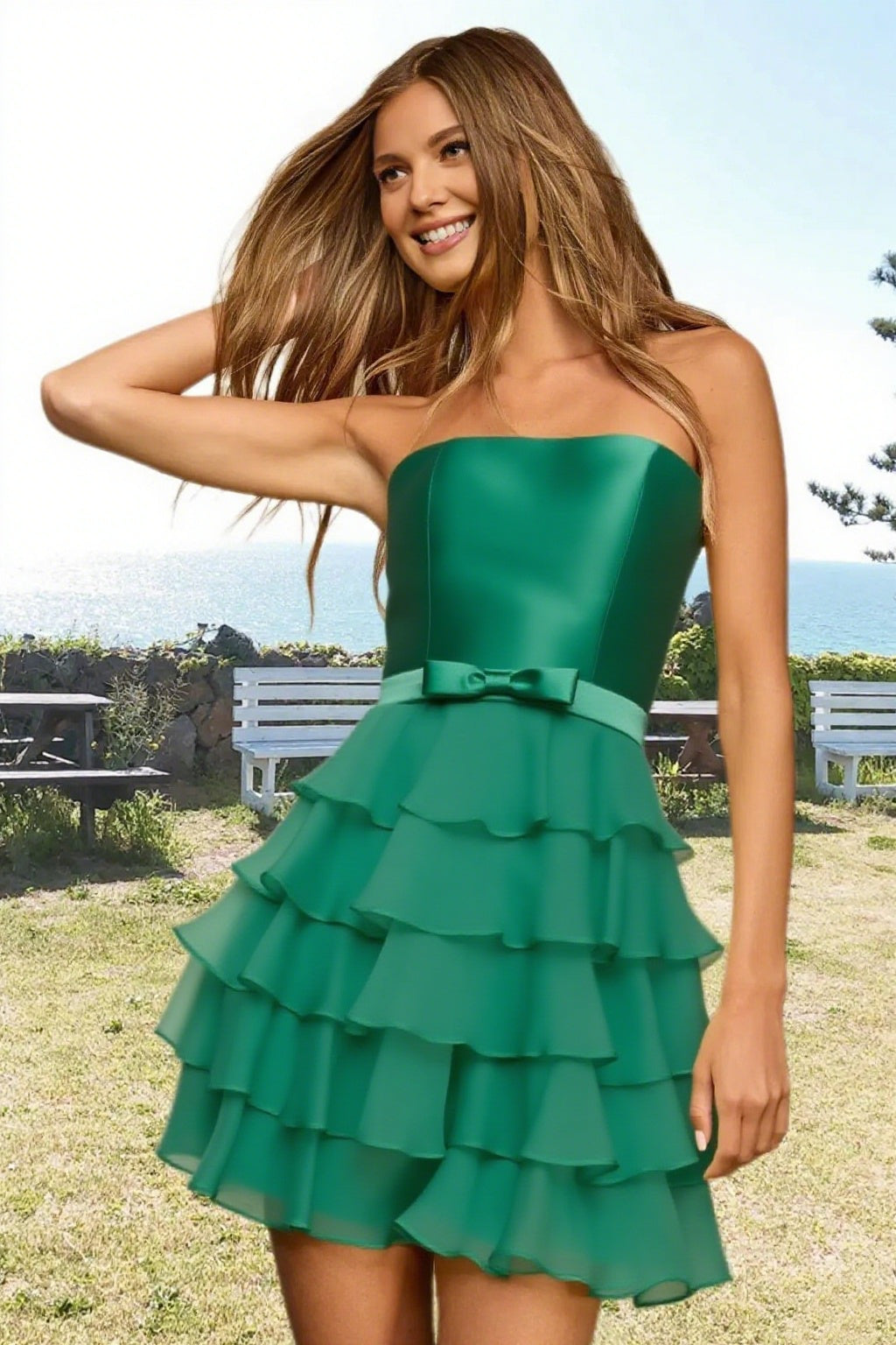 Dressime A Line Strapless Chiffon Bow Ruffled Tiered Mini Homecoming Dress
