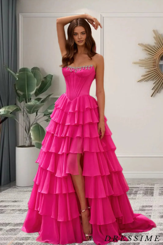 Dressime A Line Strapless Chiffon Corset Tiered Long Prom Dress With Beading