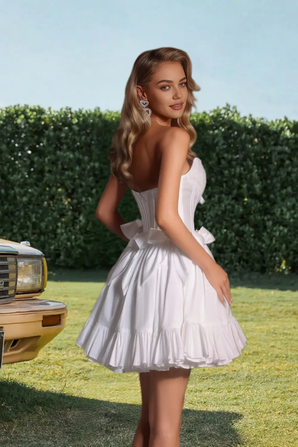 Dressime A Line Strapless Corset 3D Flower Bow Satin Mini Homecoming Dress