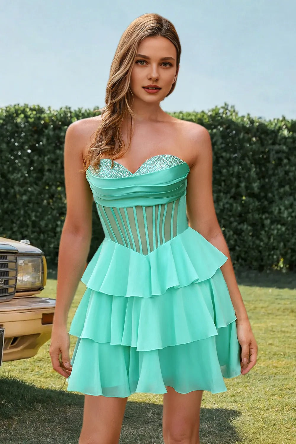 Dressime A Line Strapless Corset Beaded Ruffle Tiered Mini Homecoming Dress