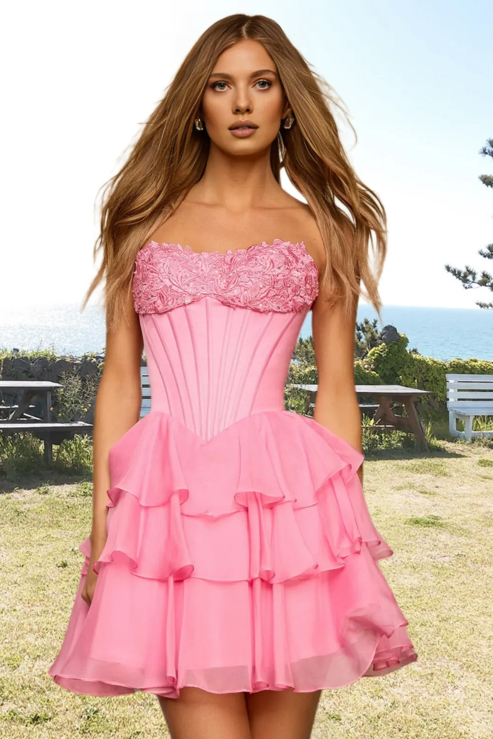 Dressime Woman's Exquisite Pink Homecoming Dress A Line Strapless Corset Bodice Chiffon Ruffle Tiered Mini Cocktail Dress dressime Dressime Woman's Exquisite Pink Homecoming Dress A Line Strapless Corset Bodice Chiffon Ruffle Tiered Mini Cocktail Dress dressime