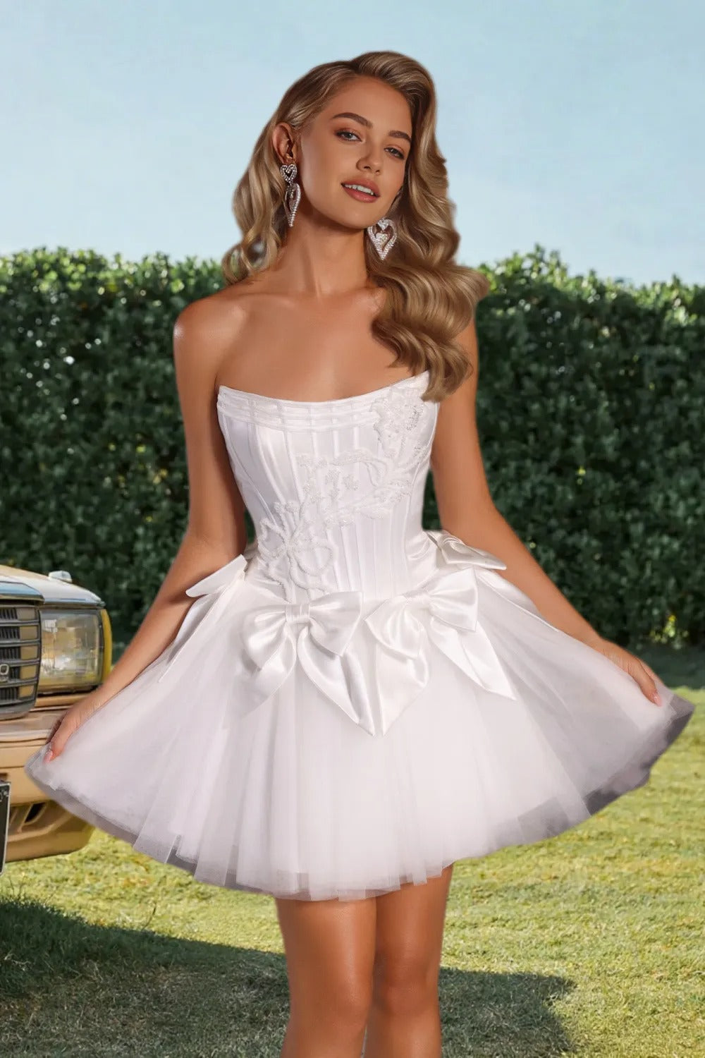 Dressime A Line Strapless Corset Bowknot Tulle Mini Homecoming Dress