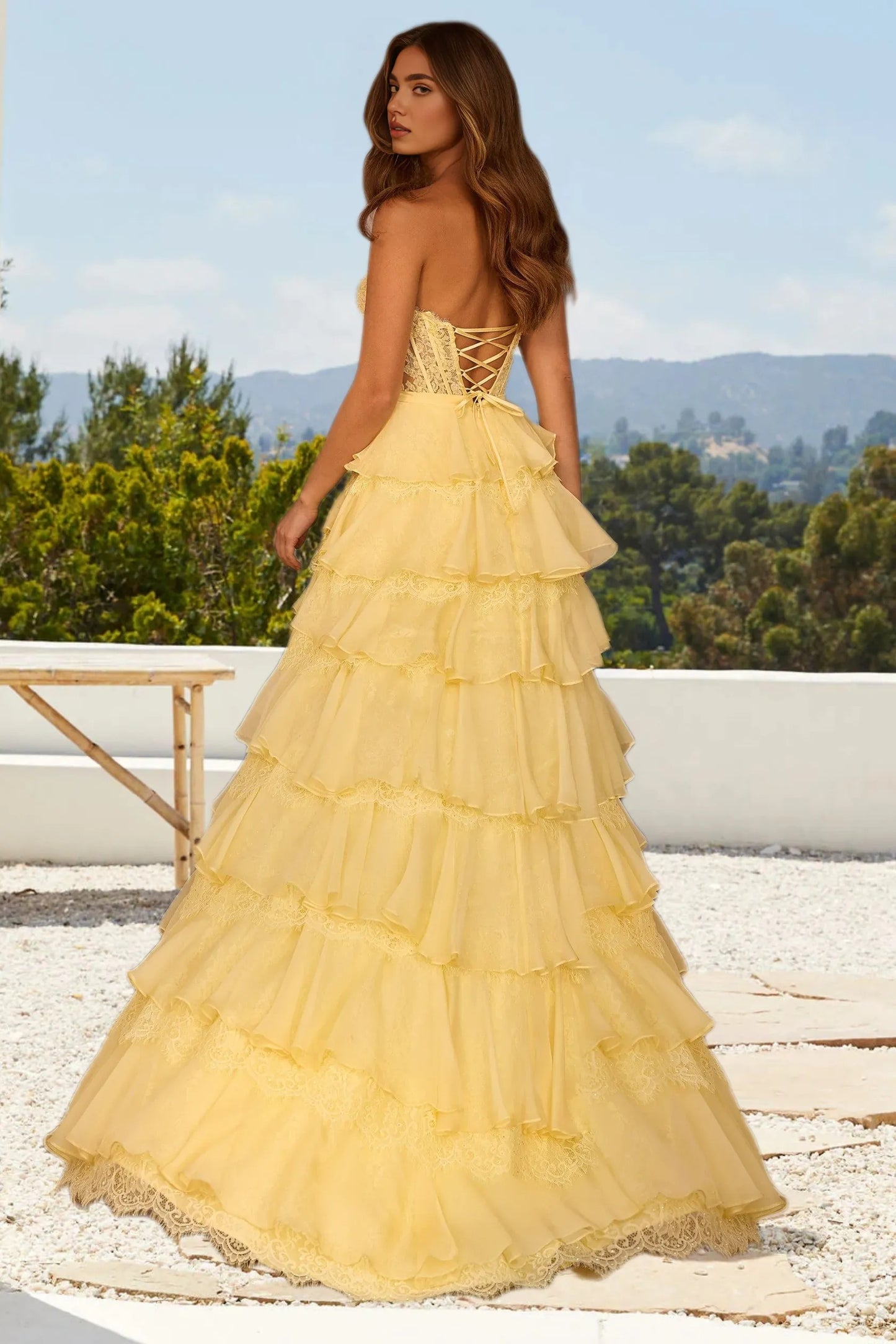 Dressime A Line Strapless Corset Lace Up Ruffled Tiered Long Prom Dress