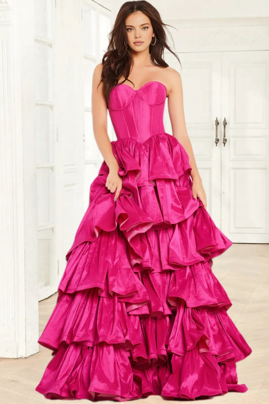 Dressime A Line Strapless Corset Taffeta Ruffled Tiered Long Prom Dress