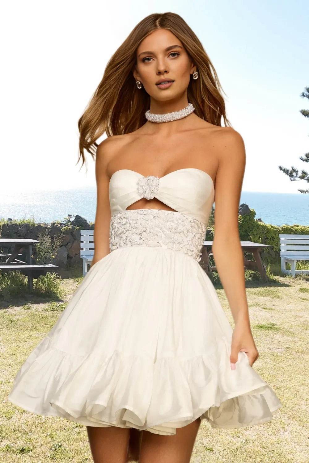Dressime Woman's Classic Whiite Homecoming Dress A Line Strapless Cutout Beaded Mini Cocktail Dress dressime Dressime Woman's Classic Whiite Homecoming Dress A Line Strapless Cutout Beaded Mini Cocktail Dress dressime