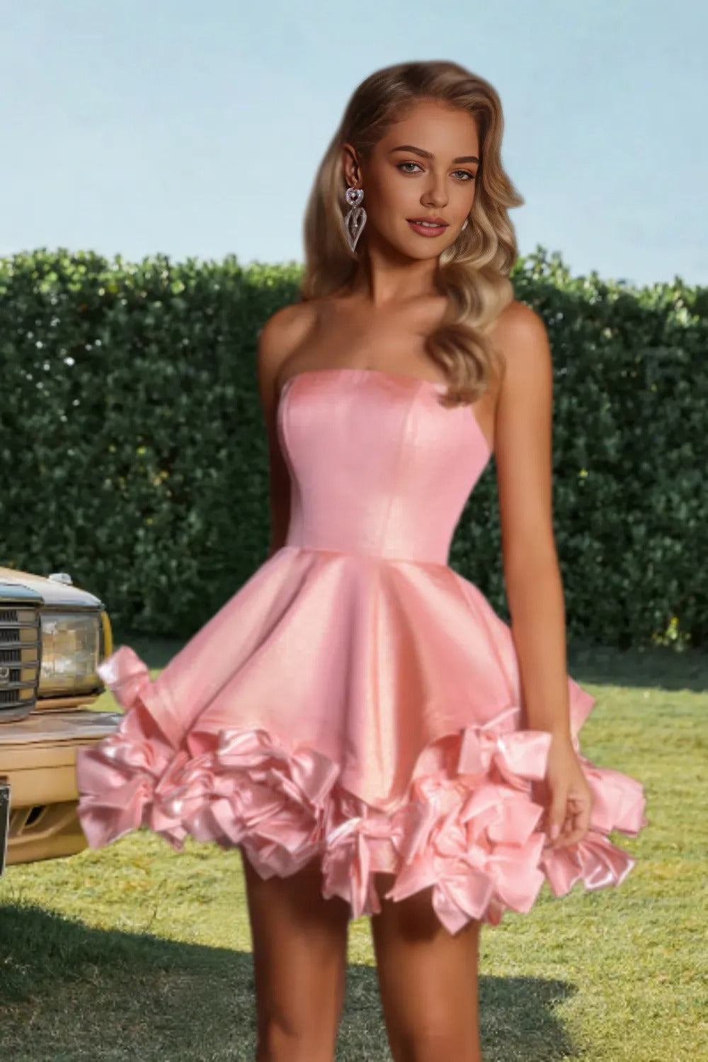 Dressime A Line Strapless Flared Bow Hem Mini Homecoming Dress