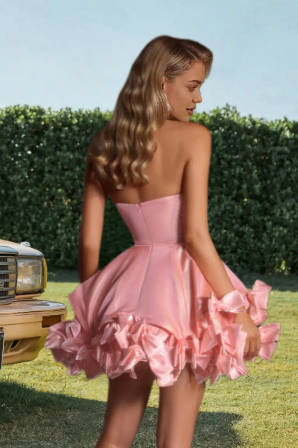Dressime A Line Strapless Flared Bow Hem Mini Homecoming Dress