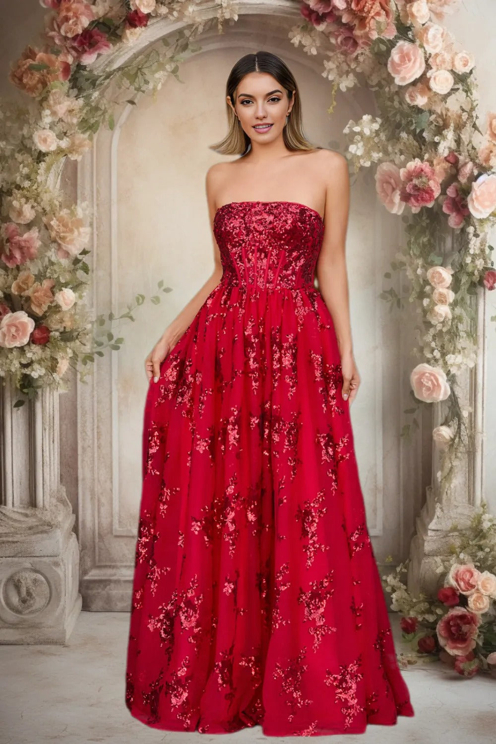 Dressime A Line Strapless Pleating Long Prom Dress With Appliques