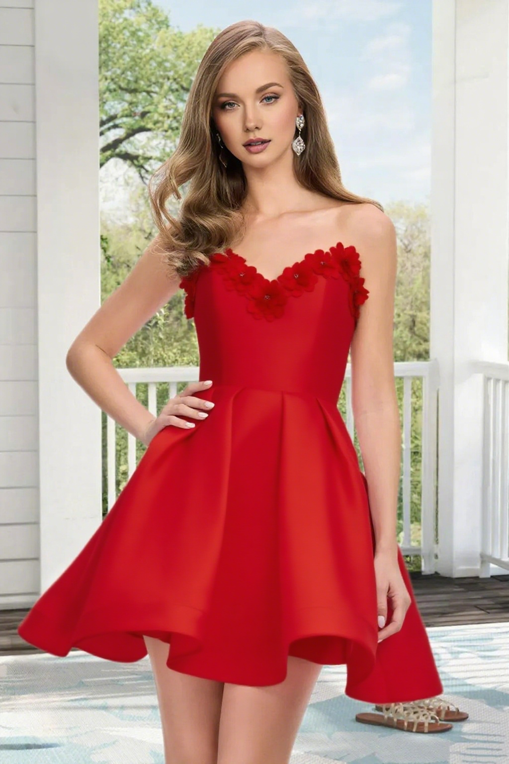 Dressime A Line Strapless Satin 3D Flowers Mini Homecoming Dress