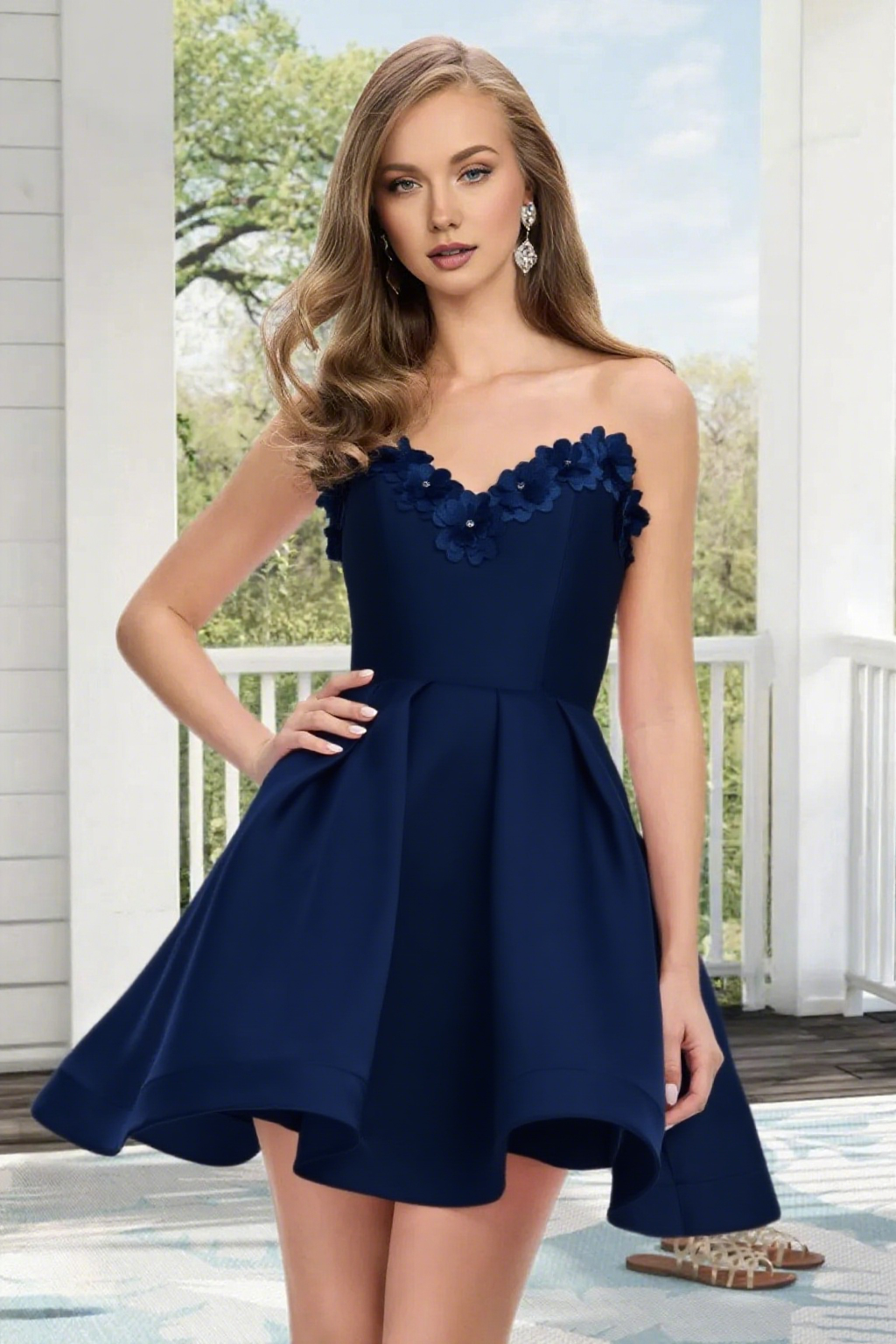 Dressime A Line Strapless Satin 3D Flowers Mini Homecoming Dress