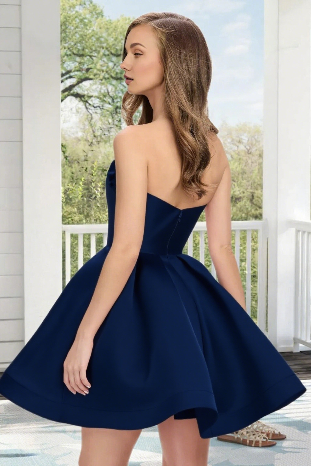 Dressime A Line Strapless Satin 3D Flowers Mini Homecoming Dress