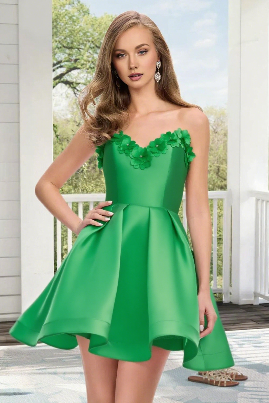 Dressime A Line Strapless Satin 3D Flowers Mini Homecoming Dress