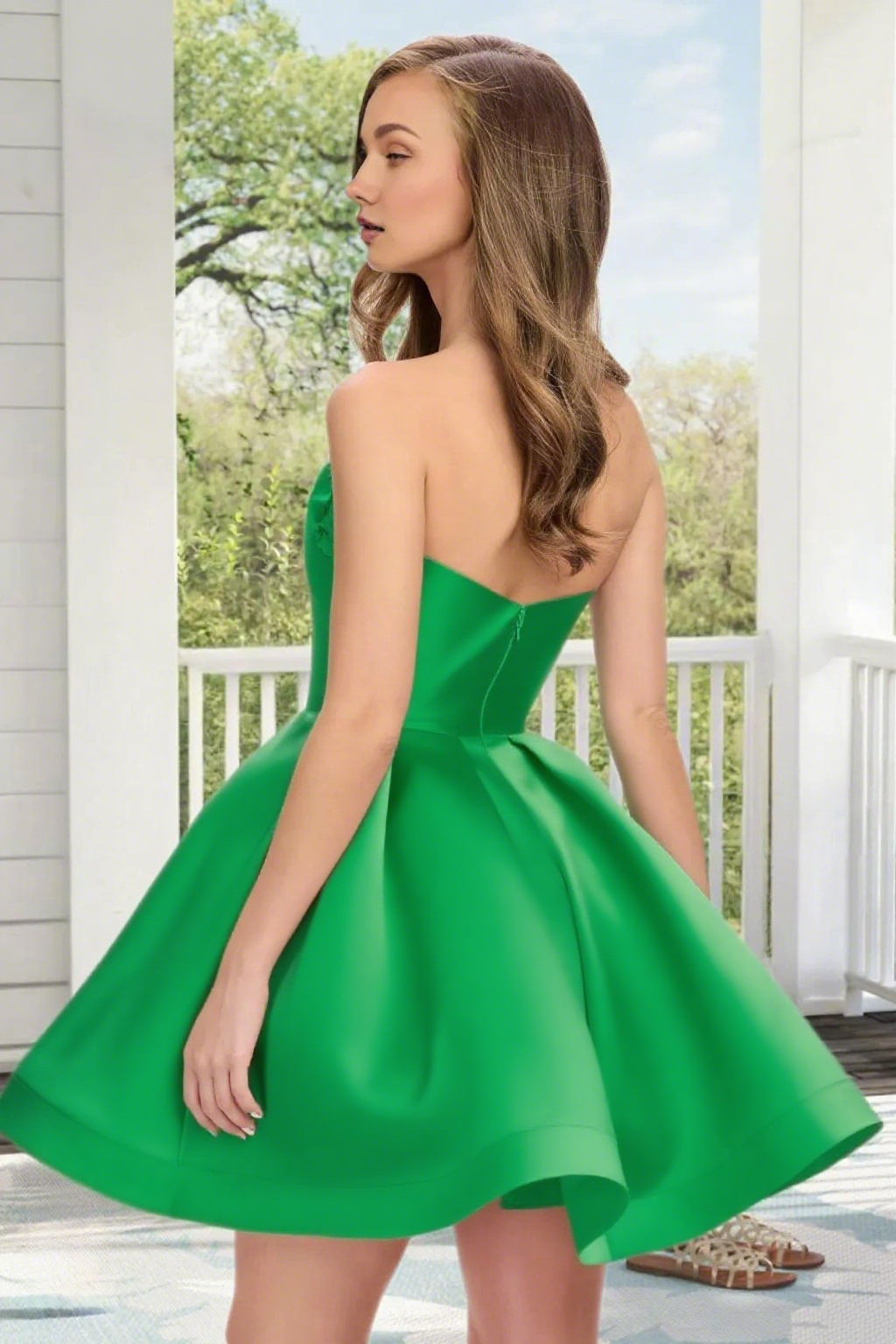 Dressime A Line Strapless Satin 3D Flowers Mini Homecoming Dress
