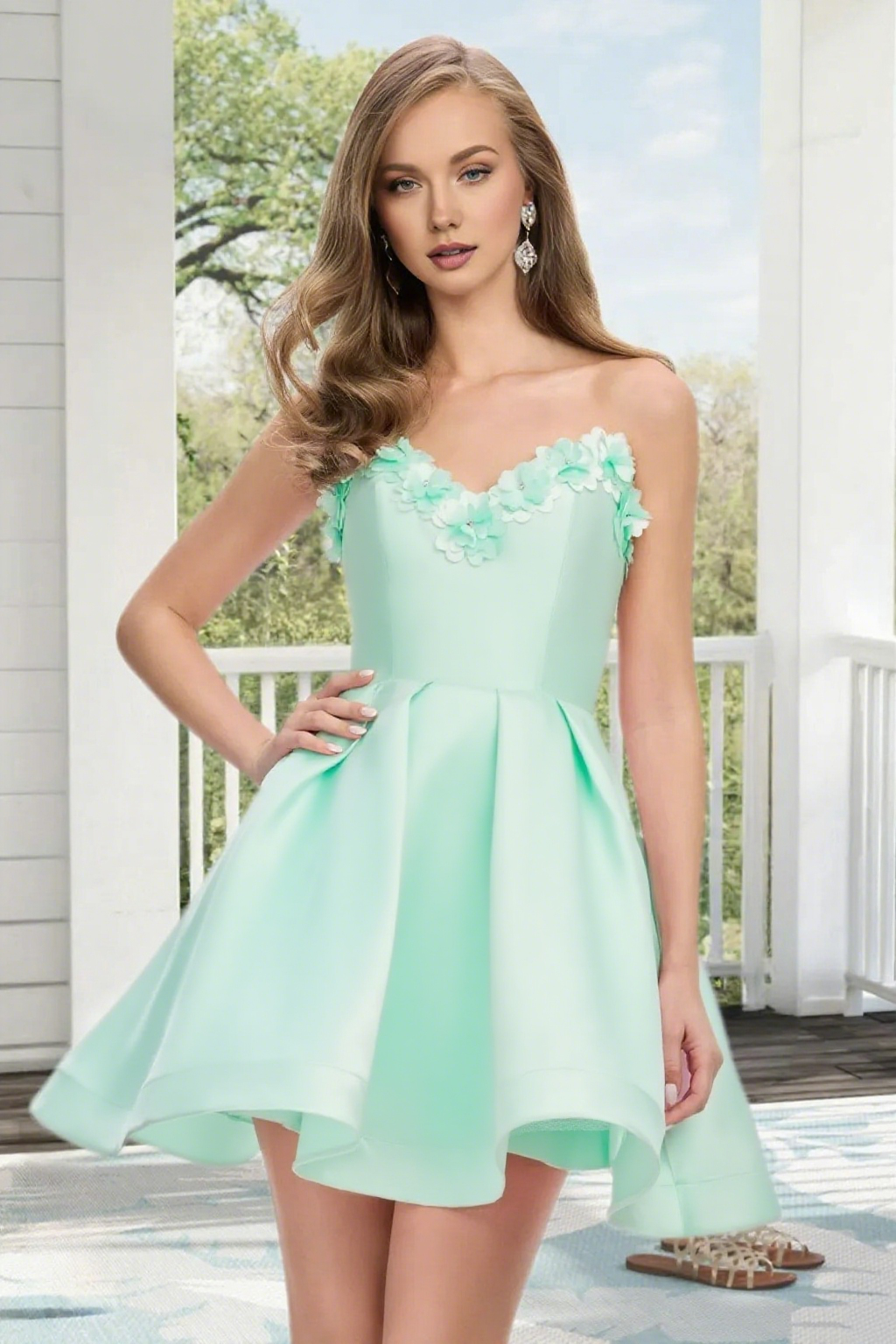 Dressime A Line Strapless Satin 3D Flowers Mini Homecoming Dress