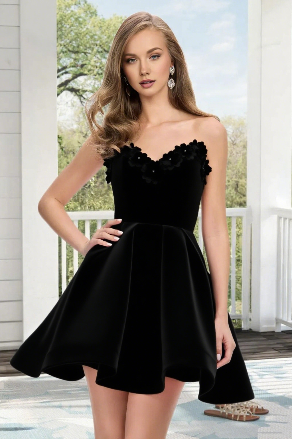 Dressime A Line Strapless Satin 3D Flowers Mini Homecoming Dress