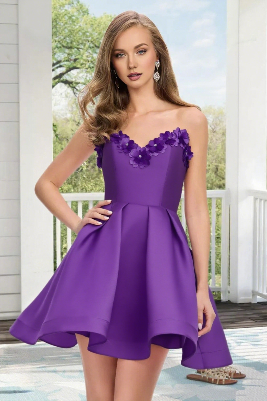 Dressime A Line Strapless Satin 3D Flowers Mini Homecoming Dress