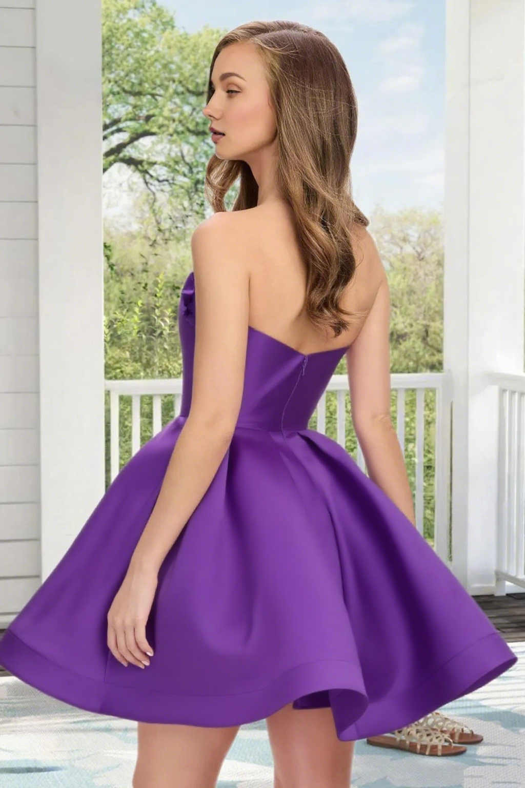 Dressime A Line Strapless Satin 3D Flowers Mini Homecoming Dress