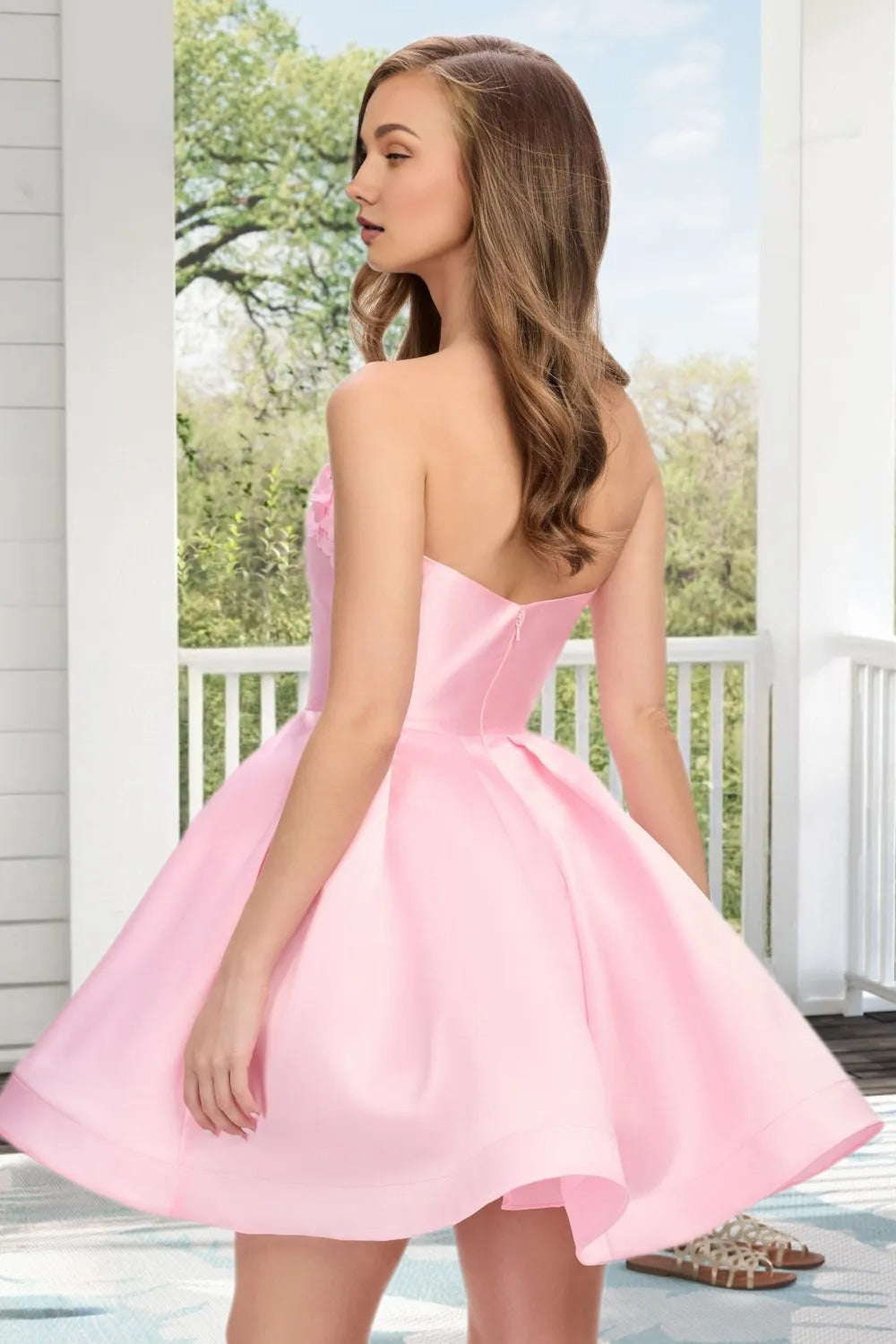 Dressime A Line Strapless Satin 3D Flowers Mini Homecoming Dress