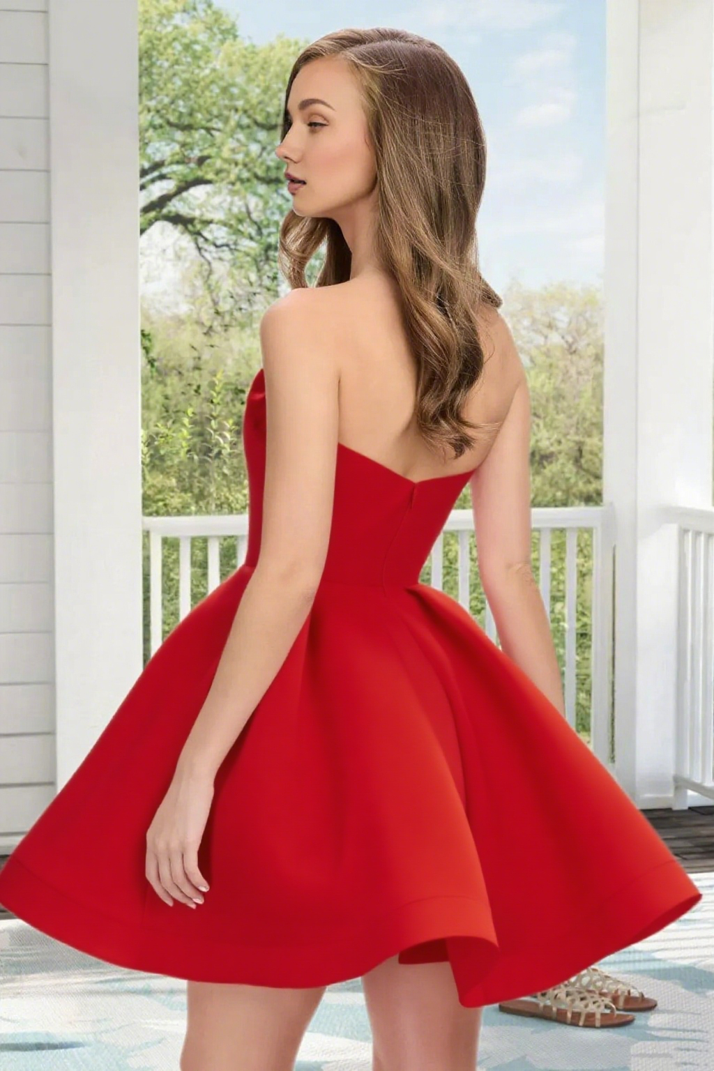Dressime A Line Strapless Satin 3D Flowers Mini Homecoming Dress