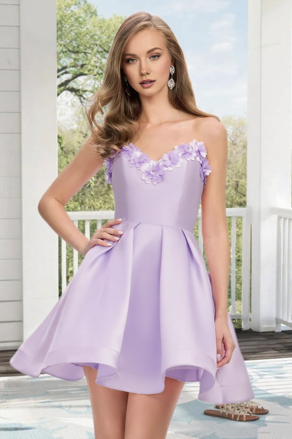 Dressime A Line Strapless Satin 3D Flowers Mini Homecoming Dress
