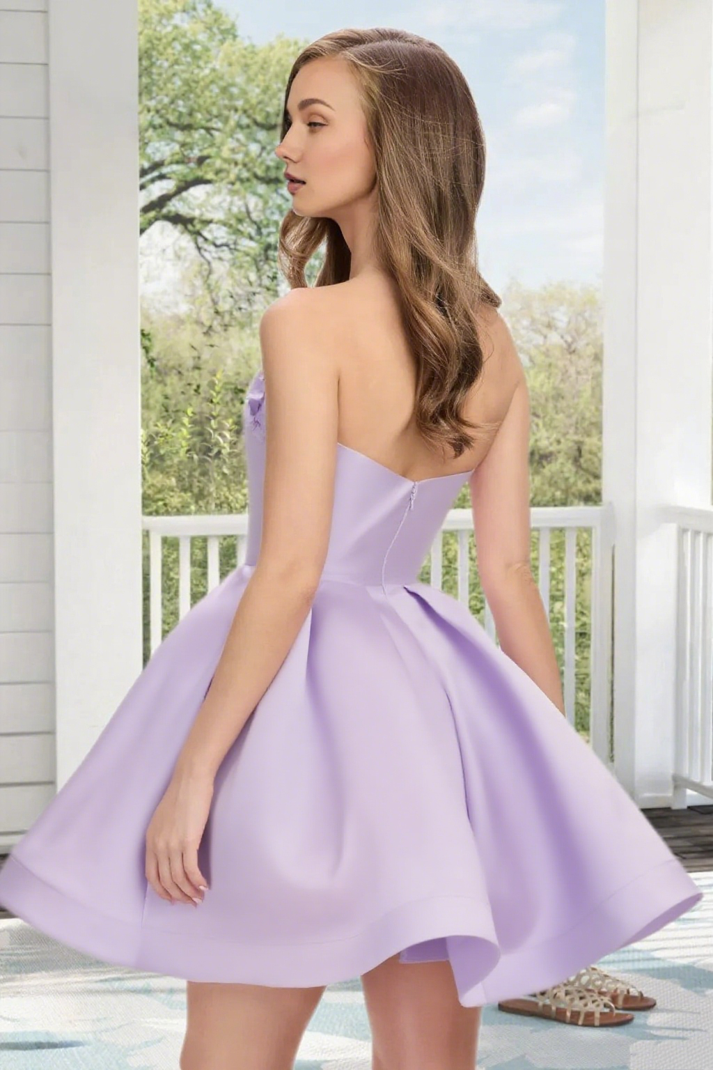 Dressime A Line Strapless Satin 3D Flowers Mini Homecoming Dress