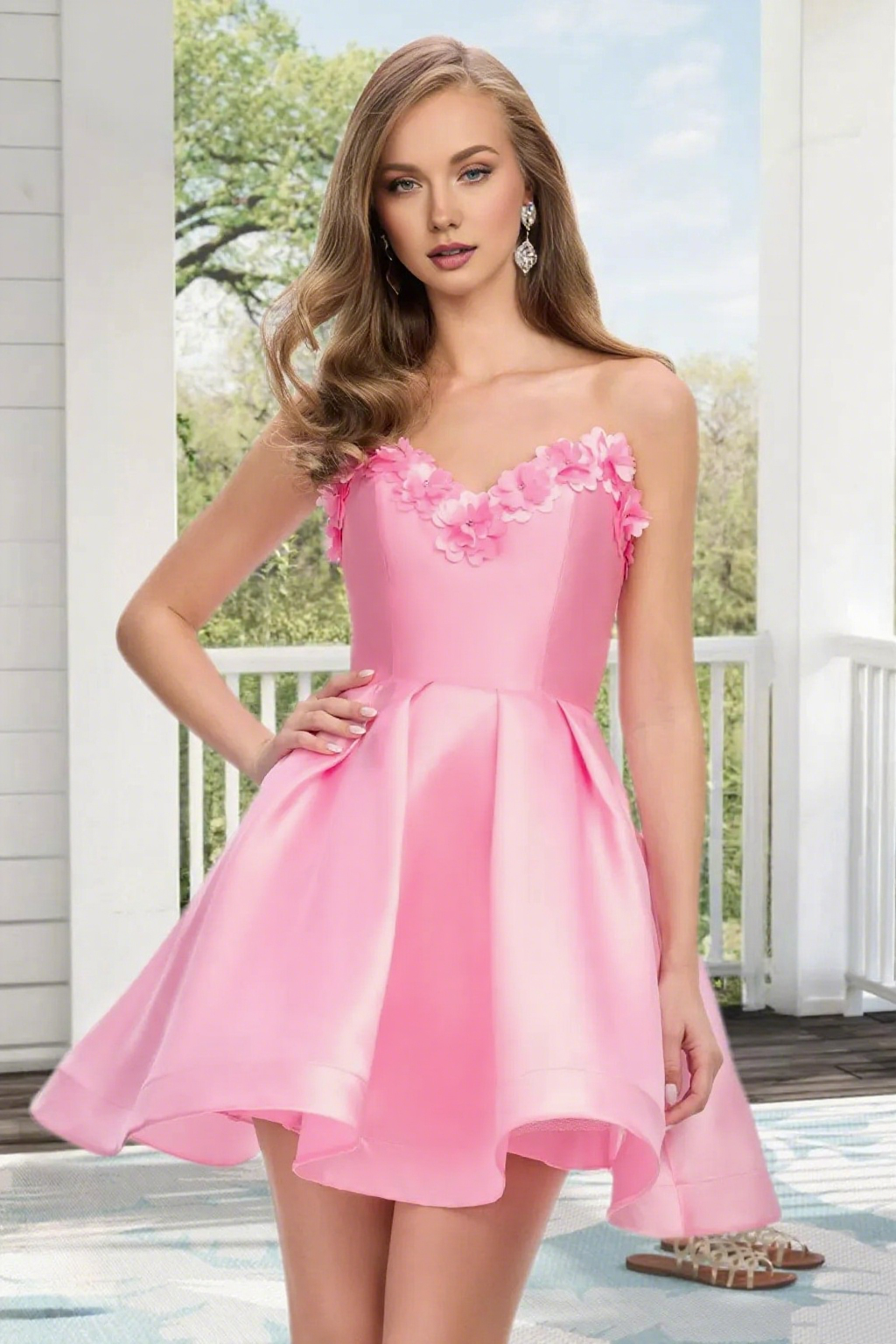Dressime A Line Strapless Satin 3D Flowers Mini Homecoming Dress