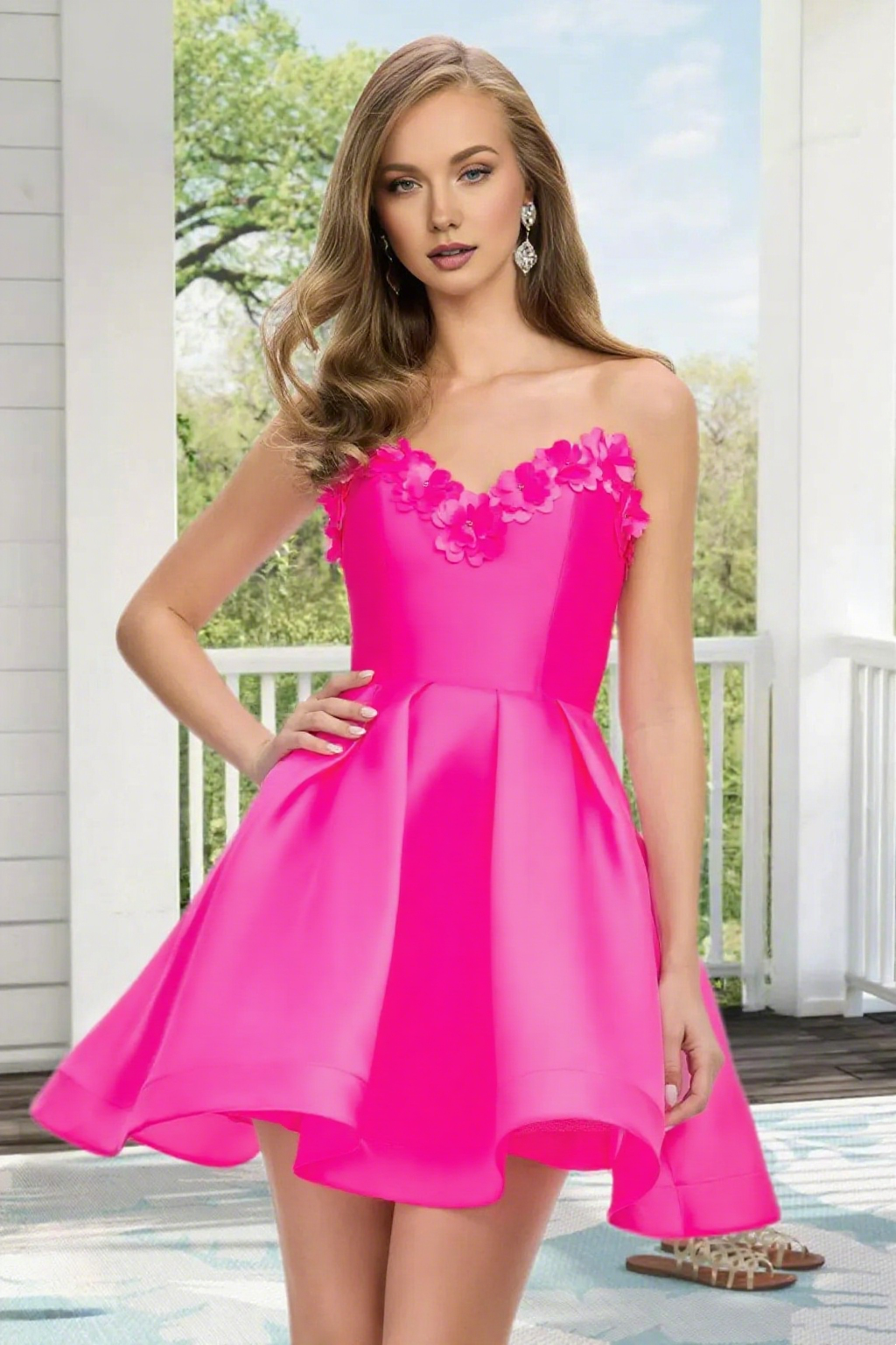 Dressime A Line Strapless Satin 3D Flowers Mini Homecoming Dress