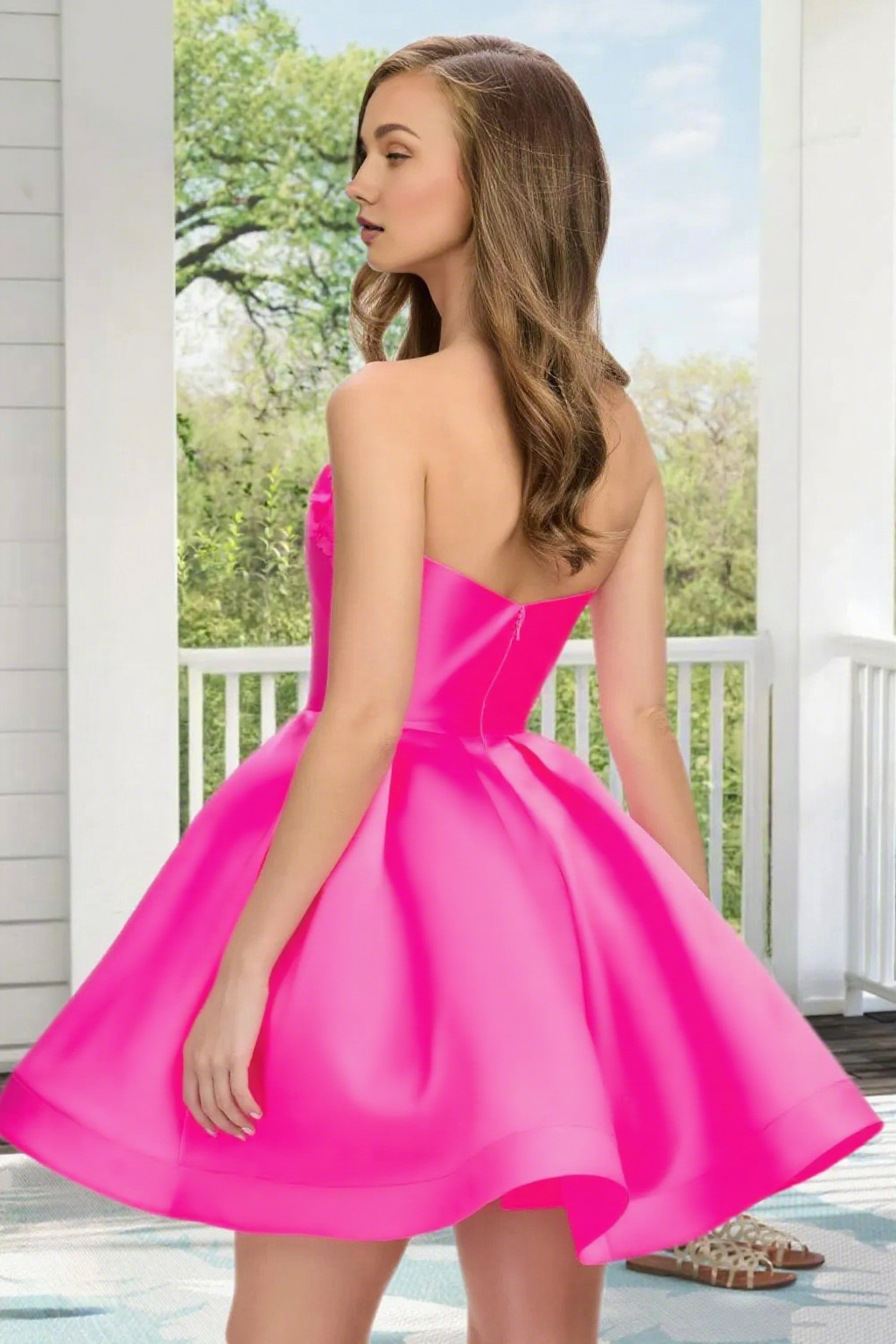 Dressime A Line Strapless Satin 3D Flowers Mini Homecoming Dress