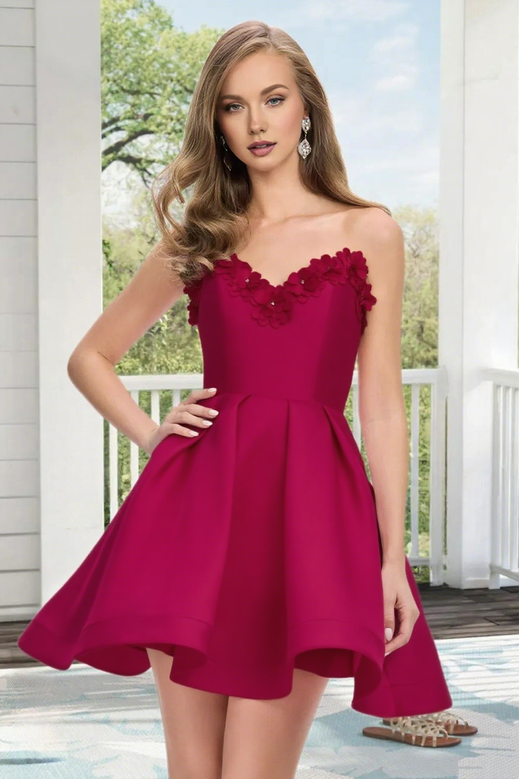 Dressime A Line Strapless Satin 3D Flowers Mini Homecoming Dress