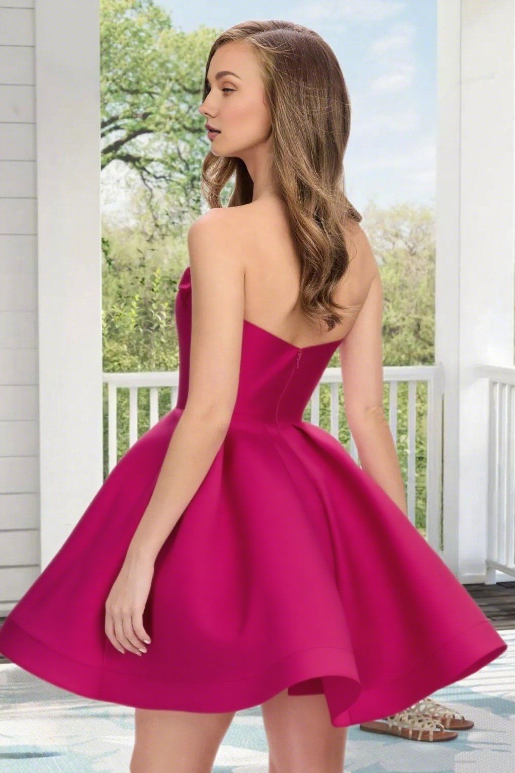 Dressime A Line Strapless Satin 3D Flowers Mini Homecoming Dress