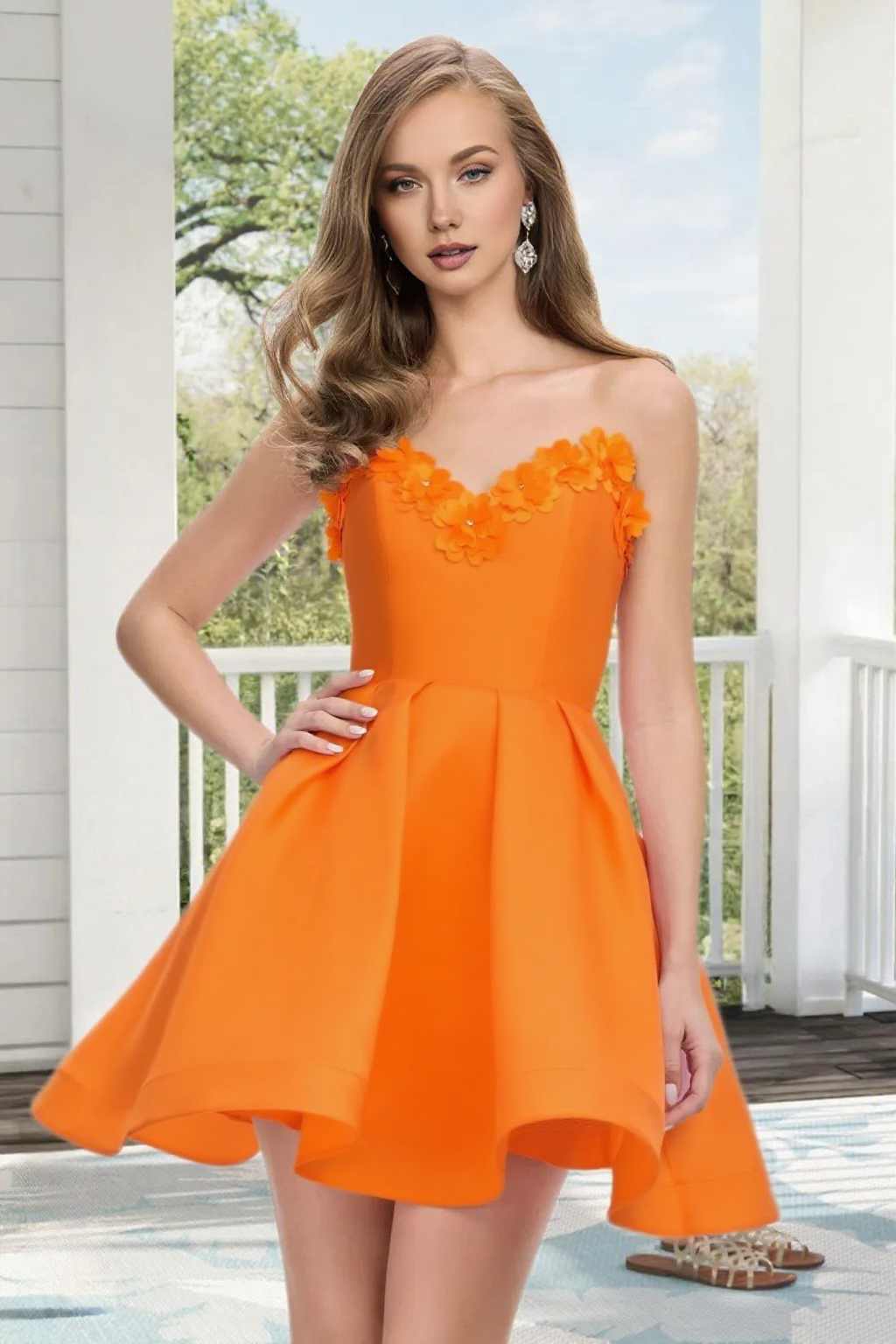 Dressime A Line Strapless Satin 3D Flowers Mini Homecoming Dress