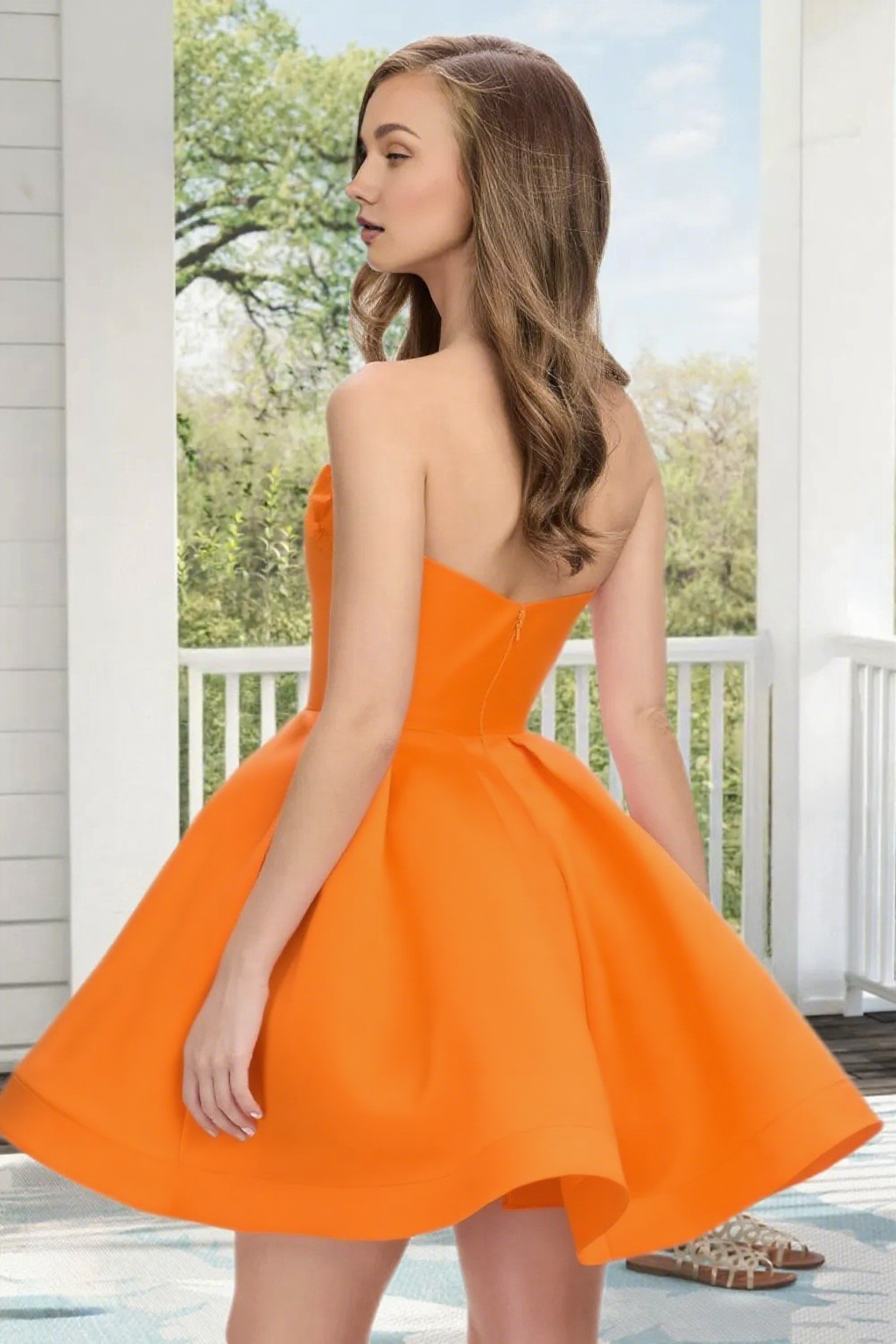 Dressime A Line Strapless Satin 3D Flowers Mini Homecoming Dress