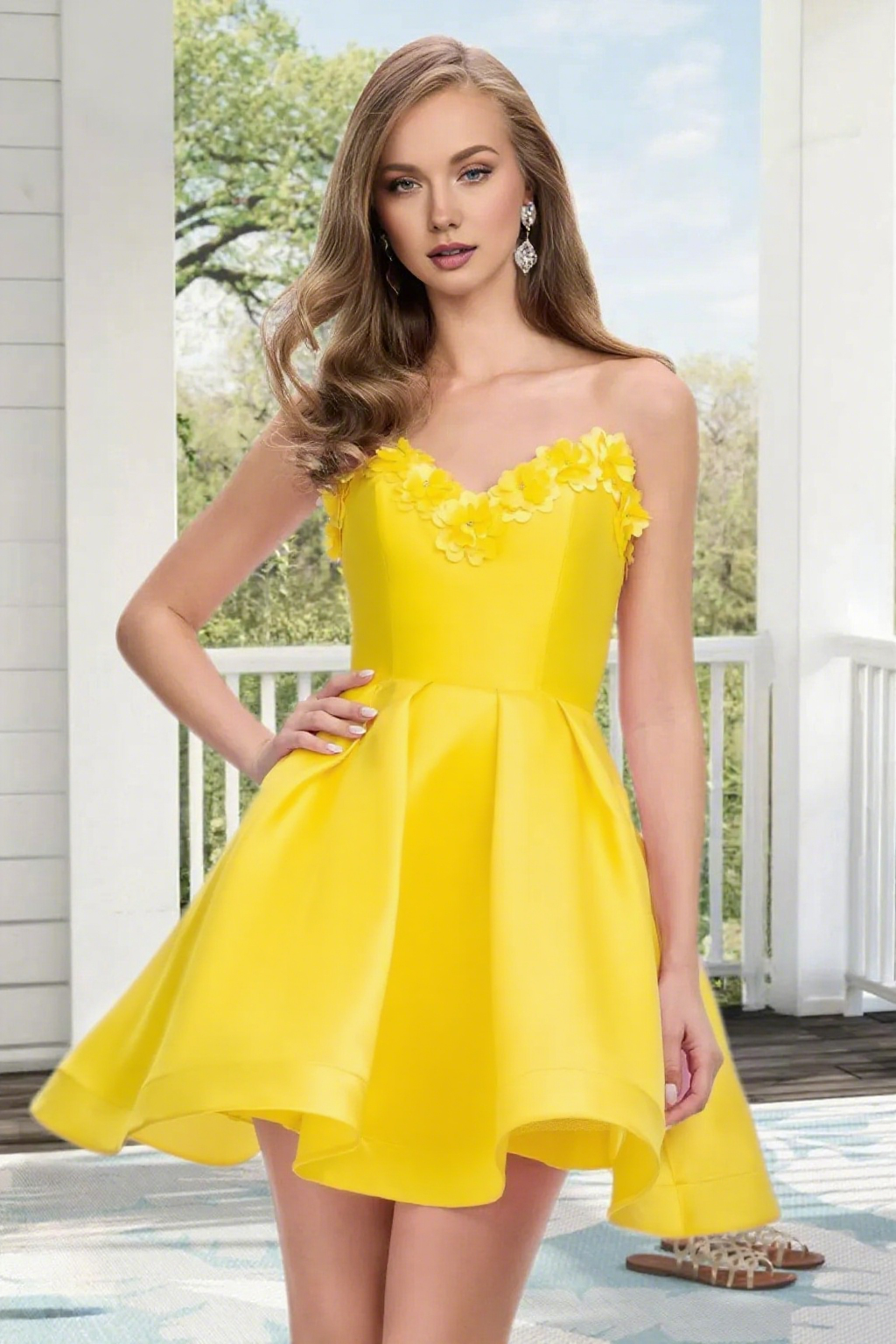Dressime A Line Strapless Satin 3D Flowers Mini Homecoming Dress
