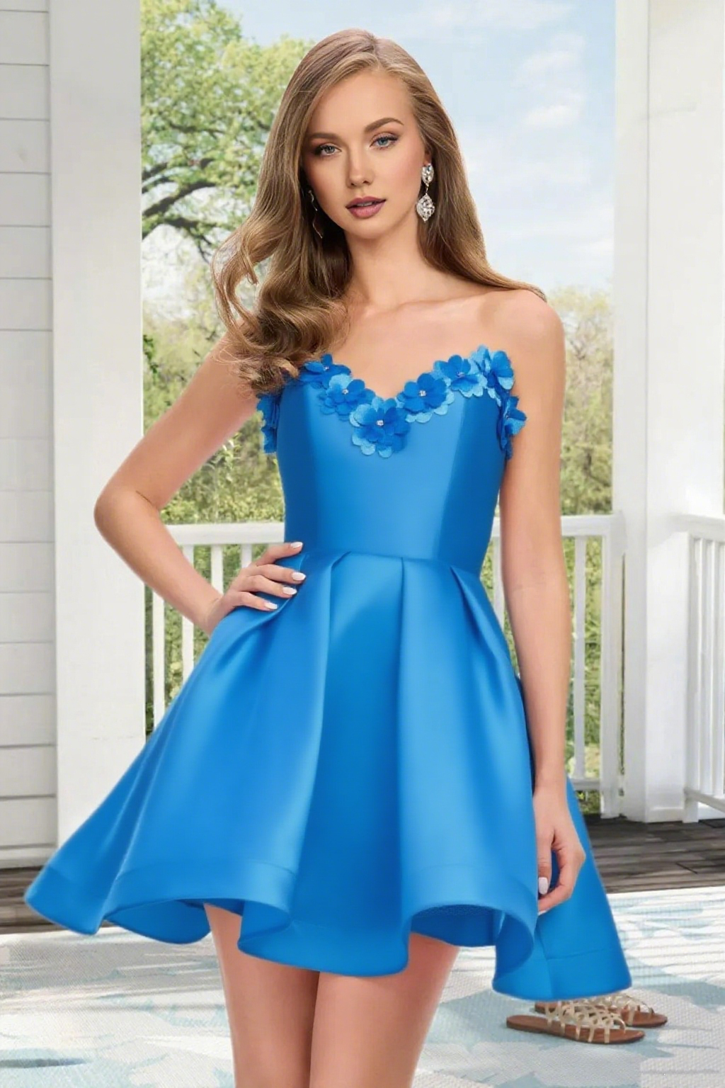 Dressime A Line Strapless Satin 3D Flowers Mini Homecoming Dress