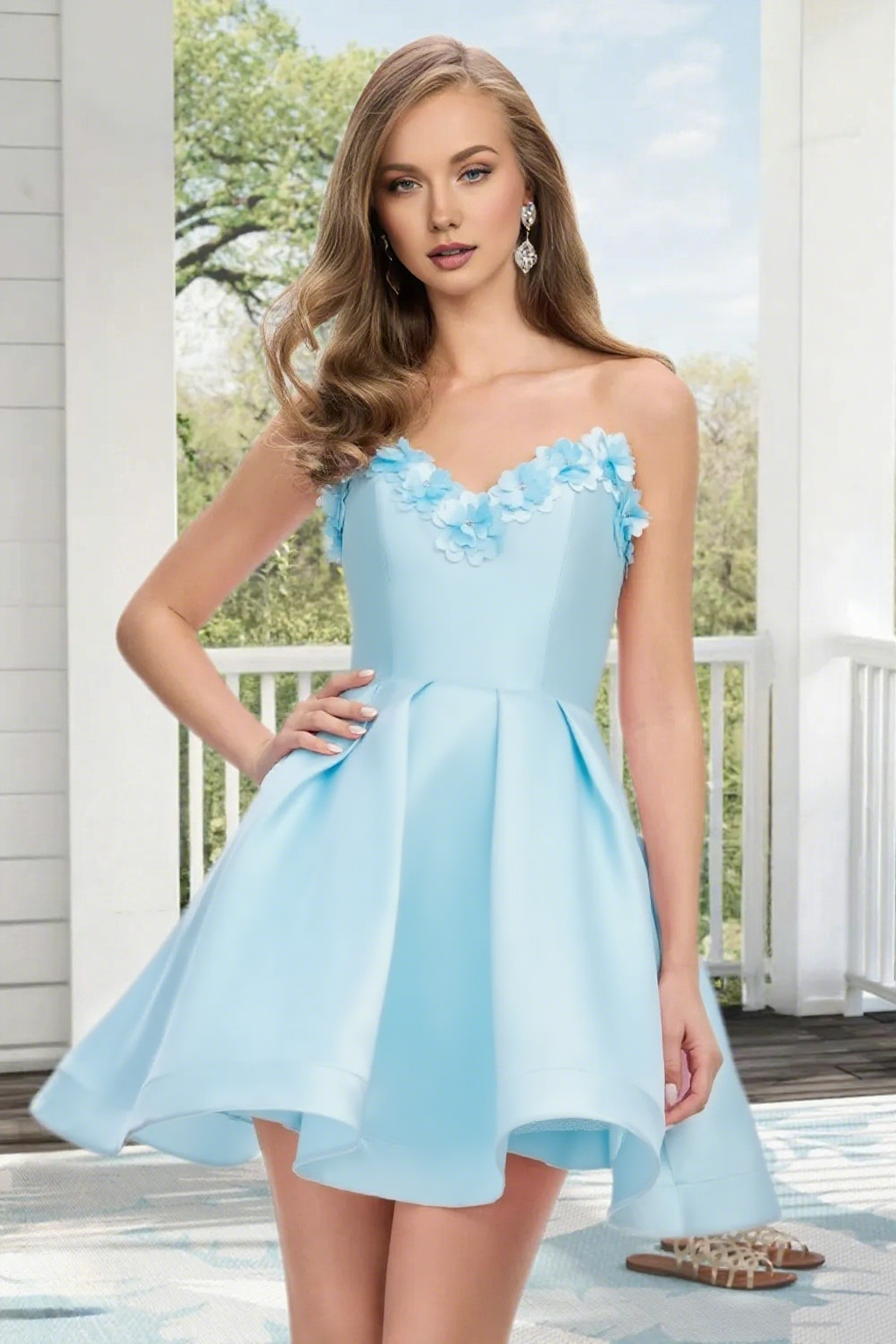 Dressime A Line Strapless Satin 3D Flowers Mini Homecoming Dress