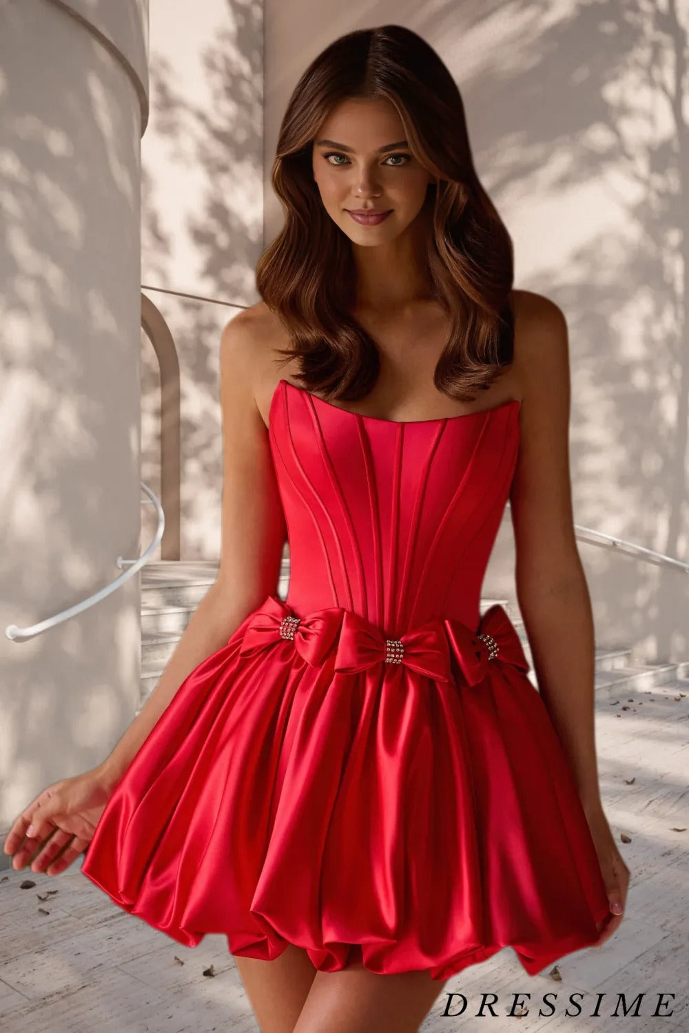 Dressime Cute Red Homecoming Dress A Line Strapless Satin Bow Short/Mini Cocktail Dress dressime Dressime Cute Red Homecoming Dress A Line Strapless Satin Bow Short/Mini Cocktail Dress dressime
