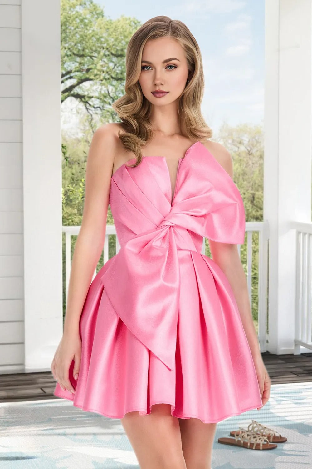 Dressime A Line Strapless Satin Mini Homecoming Dress With Bowknot