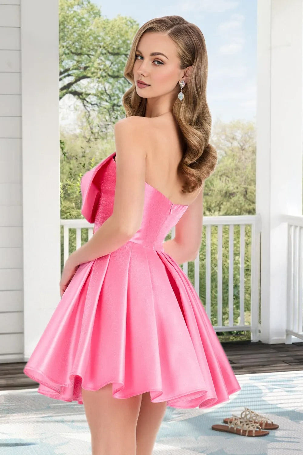 Dressime A Line Strapless Satin Mini Homecoming Dress With Bowknot