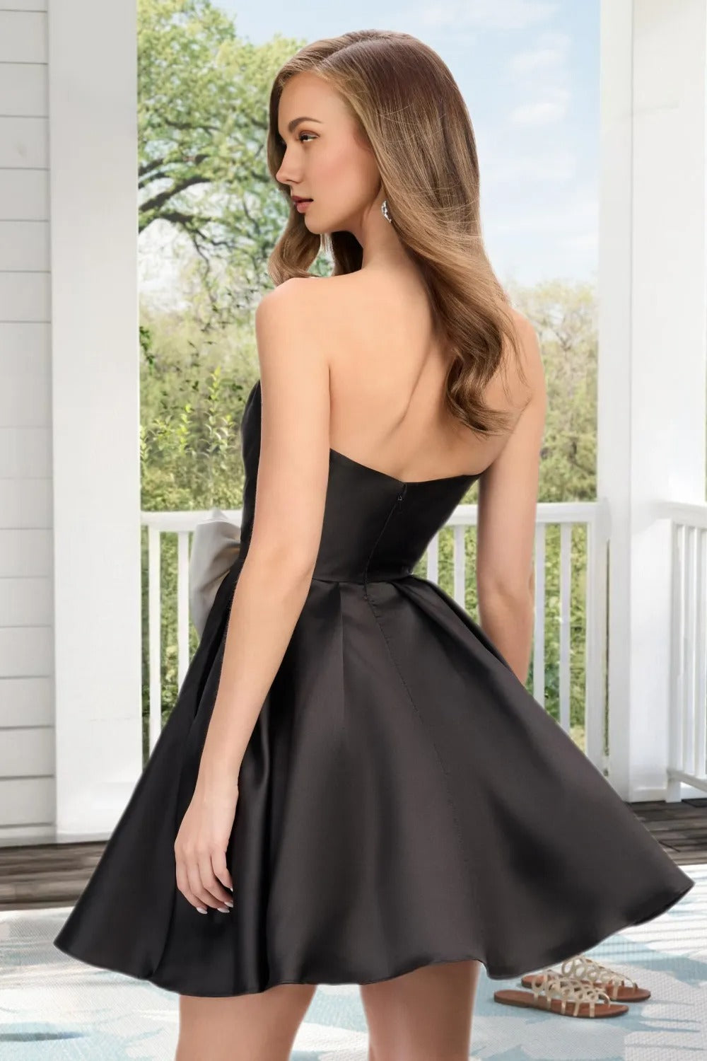 Dressime A Line Strapless Satin Pleated Mini Homecoming Dress With Bowknot