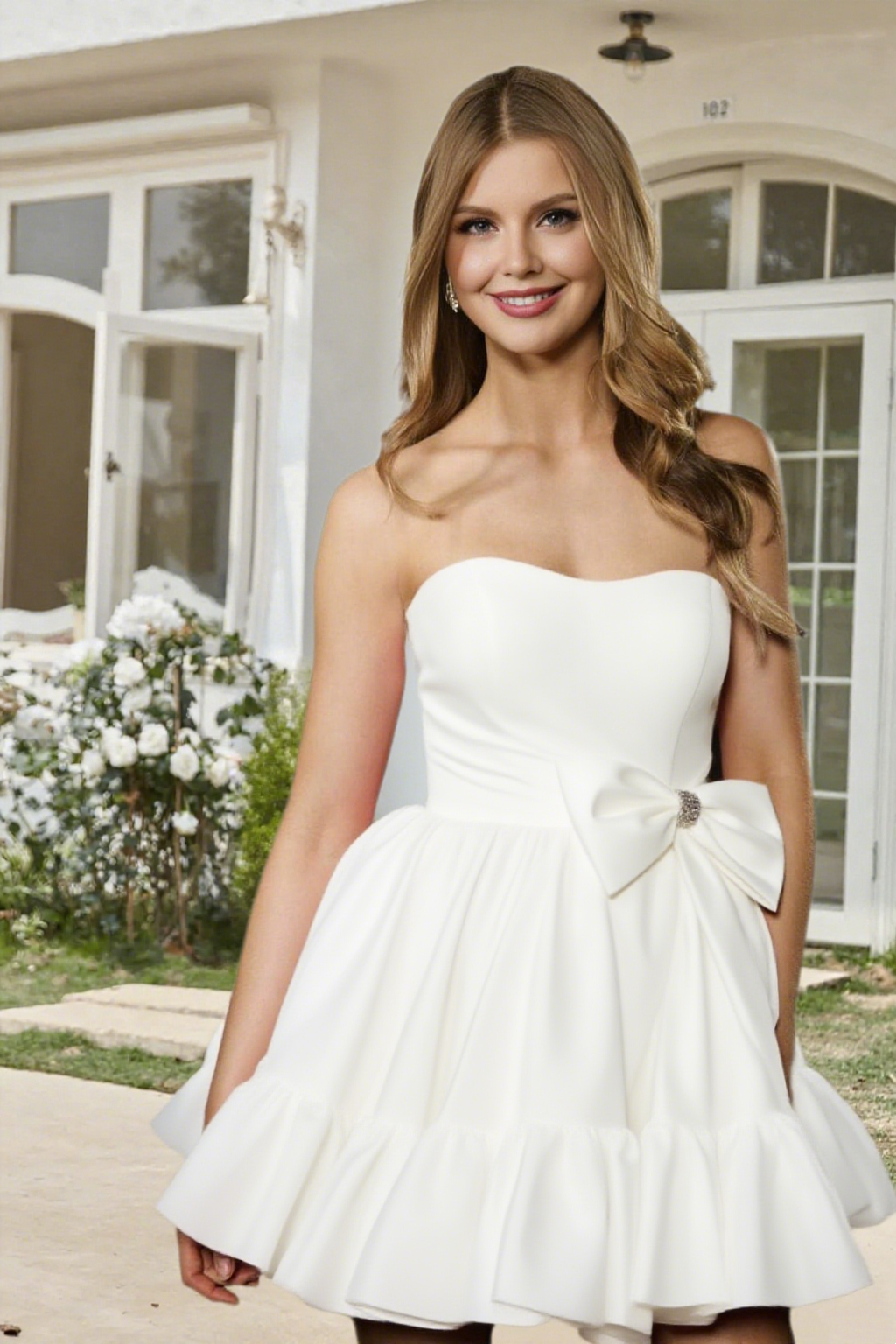 Dressime A Line Strapless Satin Short/Mini Homecoming Dress With Bow