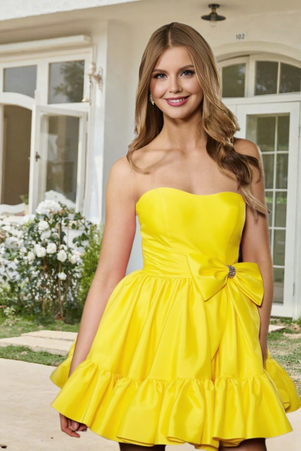 Dressime A Line Strapless Satin Short/Mini Homecoming Dress With Bow