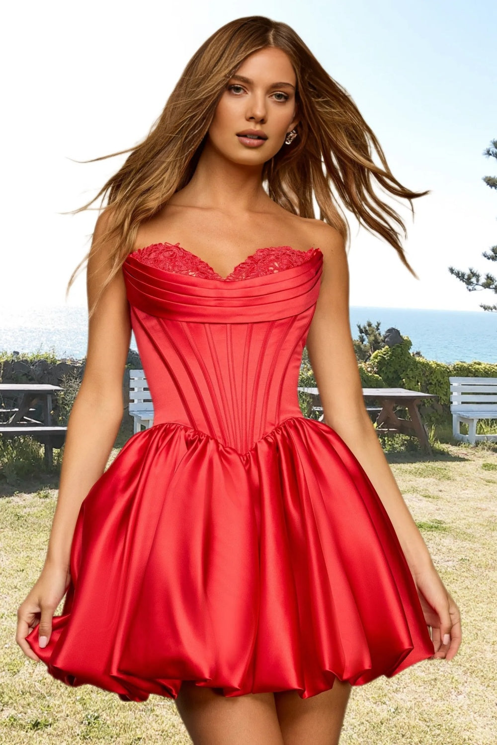 Dressime A Line Strapless Stain Applique Bubble Mini Homecoming Dress