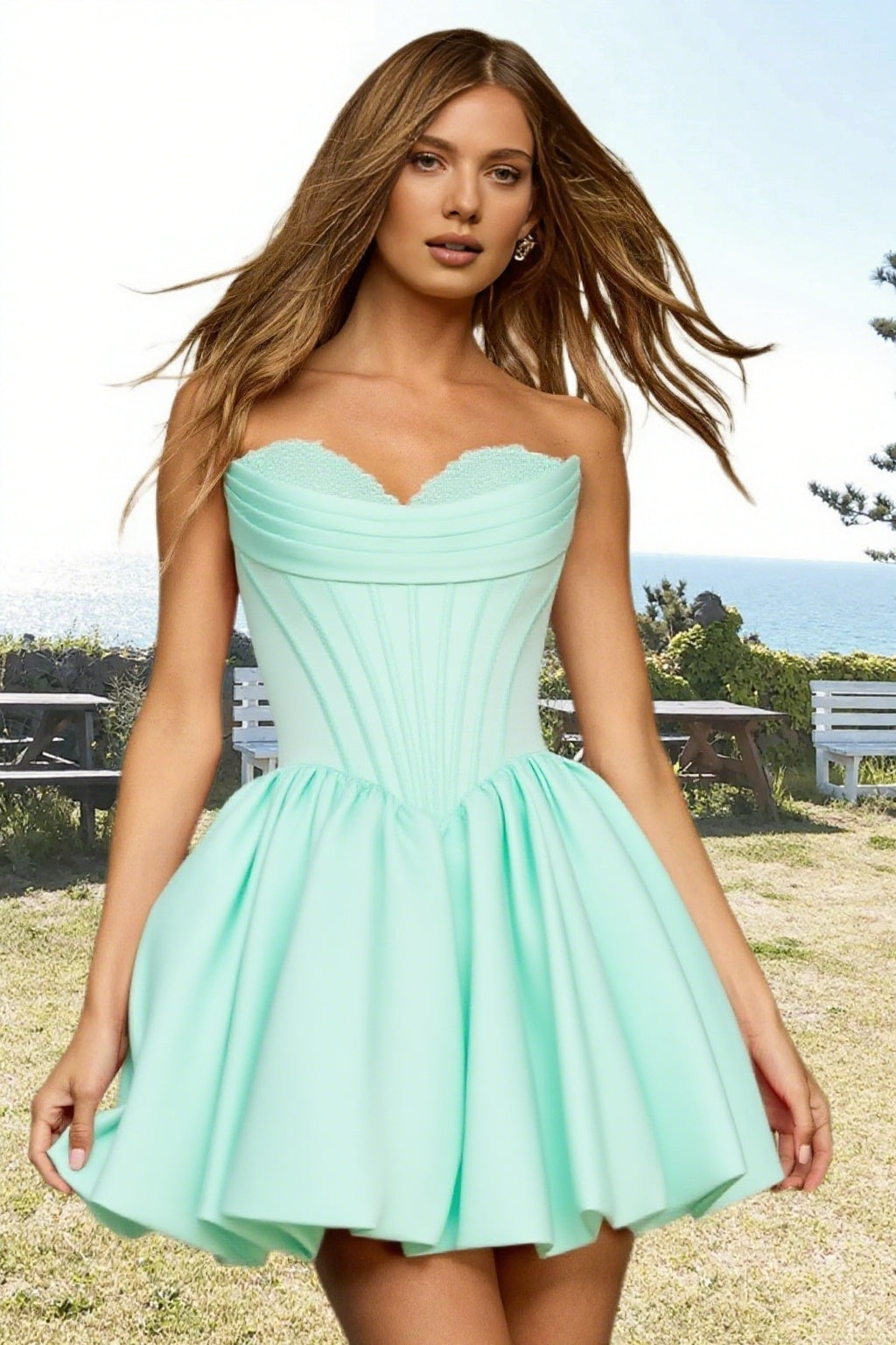 Dressime A Line Strapless Stain Applique Bubble Mini Homecoming Dress