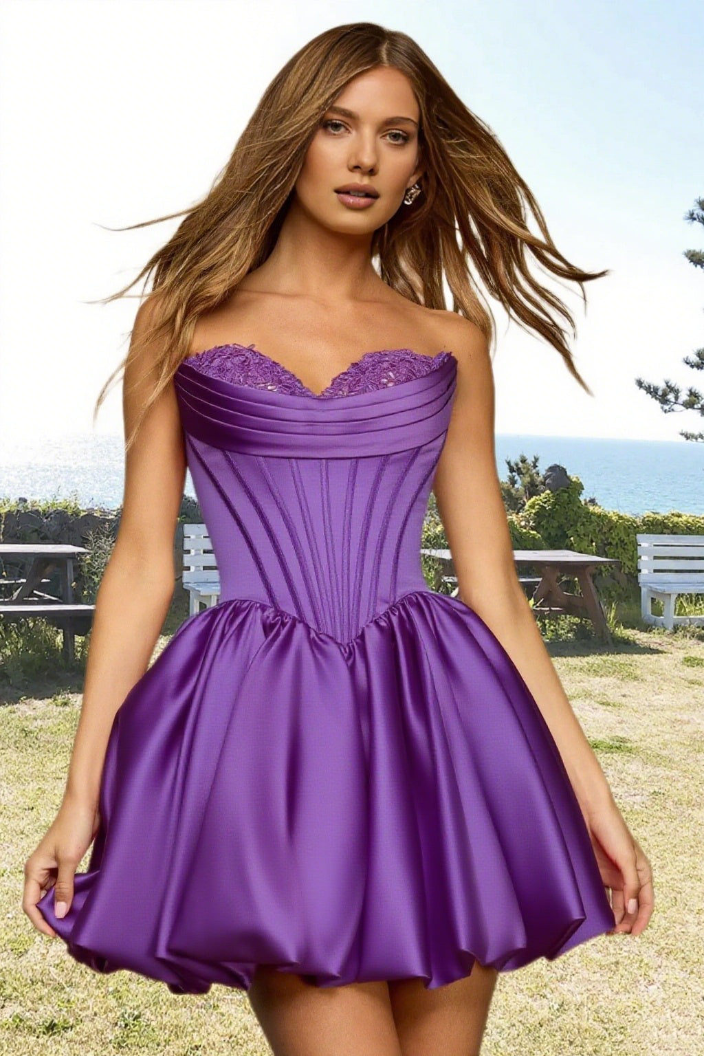 Dressime A Line Strapless Stain Applique Bubble Mini Homecoming Dress