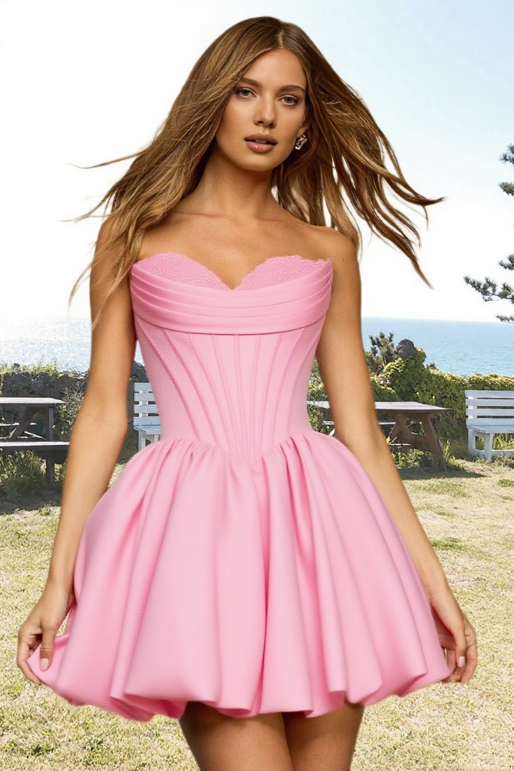 Dressime A Line Strapless Stain Applique Bubble Mini Homecoming Dress
