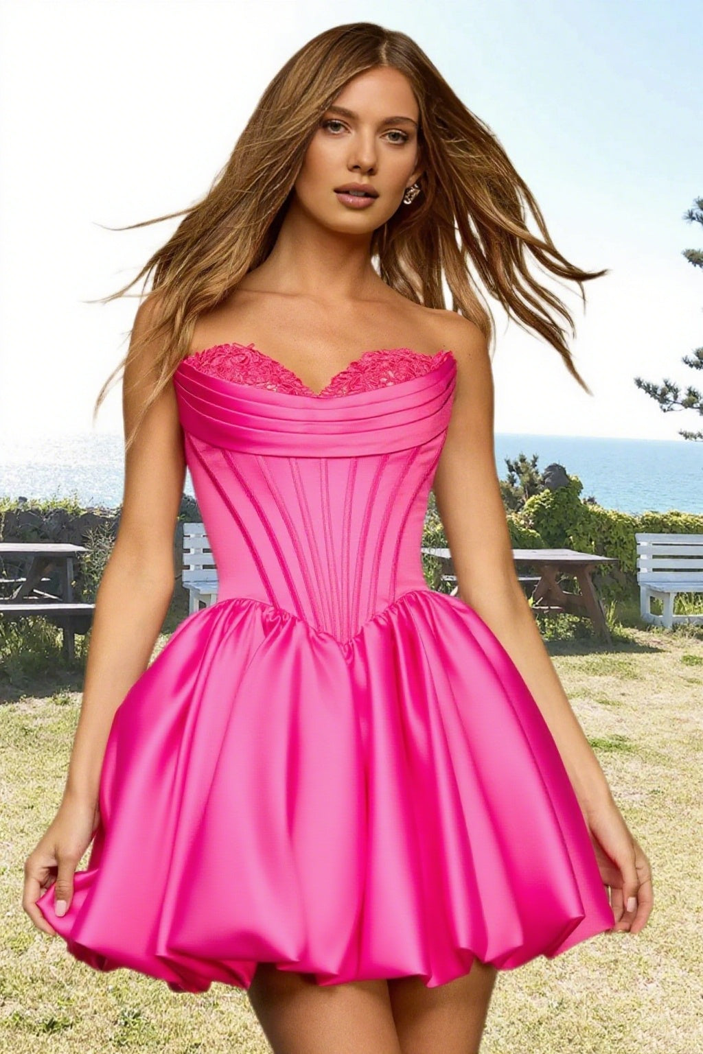 Dressime A Line Strapless Stain Applique Bubble Mini Homecoming Dress