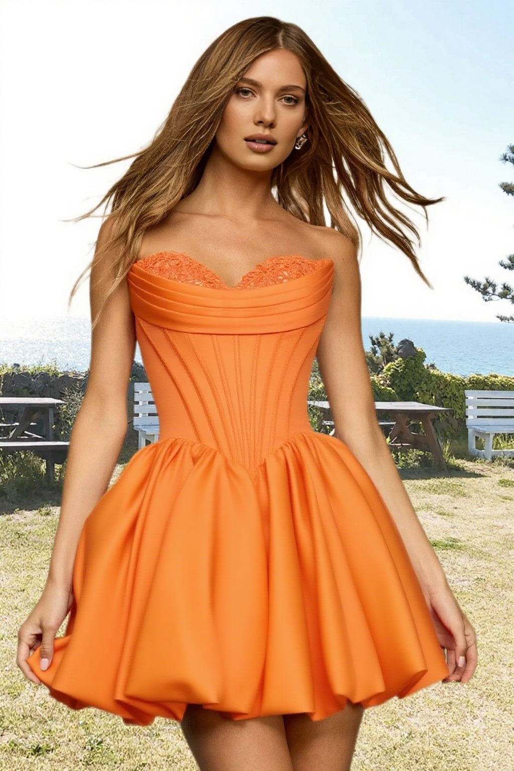 Dressime A Line Strapless Stain Applique Bubble Mini Homecoming Dress