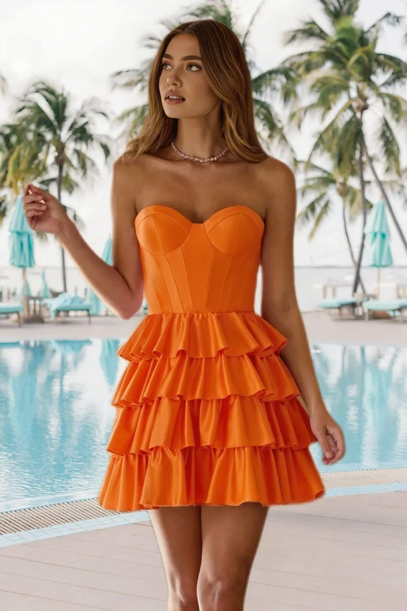 Dressime A Line Strapless Stretch Satin Ruffled Tiered Mini Homecoming Dress