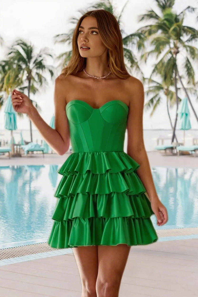 Dressime A Line Strapless Stretch Satin Ruffled Tiered Mini Homecoming Dress