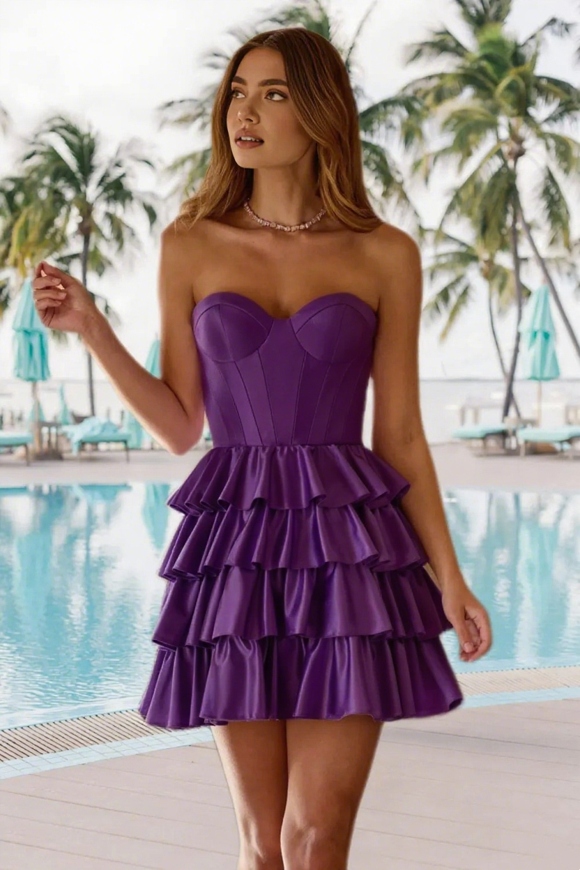 Dressime A Line Strapless Stretch Satin Ruffled Tiered Mini Homecoming Dress